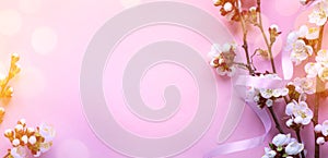 Amazing spring blossom banner background;  Beautiful cherry tree tender flowers on pink background. Top view, flat lay with copy