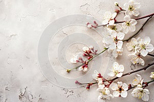 Amazing spring blossom. Cherry tree branches with beautiful flowers on concrete background