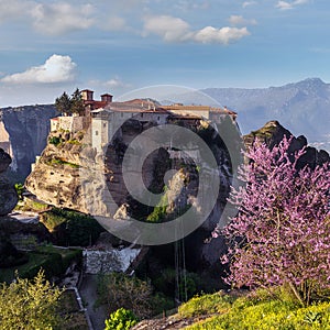 Amazing spring scenery of Greece. Meteora monasteries, the Holy Monastery of Varlaam. Greece. Wonderful aerial shot of Meteora