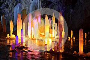 Amazing stalagmite illuminations in cave