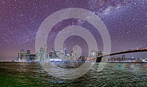 Amazing starry night sky over Lower Manhattan, New York City - USA