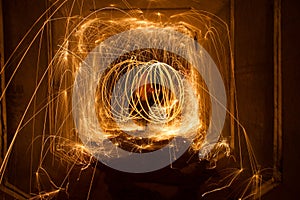 Amazing steel wool fire circles at night with glowing sparks