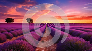 Amazing summer landscape of blooming lavender flowers, peaceful sunset view