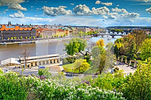 Amazing summer panorama with bridges on the Vltava river, Prague