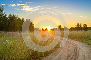 Amazing summer rural landscape with sunrise