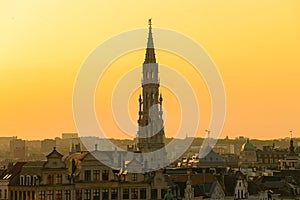 Amazing summer sunset at Garden of the Mont des Arts square with view over the city centre and Grand Place