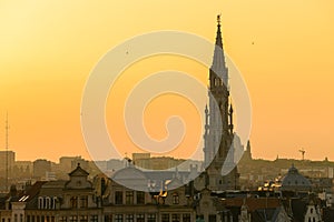 Amazing summer sunset at Garden of the Mont des Arts square with view over the city centre and Grand Place