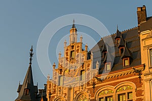 Amazing summer sunset at Garden of the Mont des Arts square with view over the city centre and Grand Place