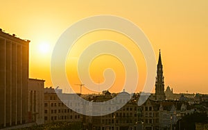 Amazing summer sunset at Garden of the Mont des Arts square with view over the city centre and Grand Place