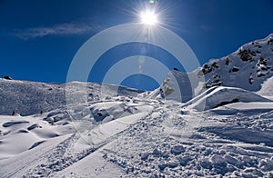 Amazing sunny day at the Meribel ski resort in France.