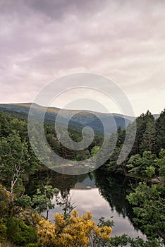 Amazing sunrise on a mountain lake in Rascafria, Madrid. Spain.