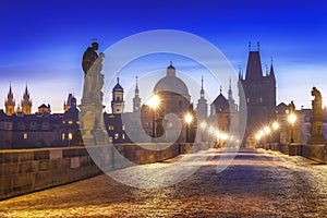 amazing sunrise over the iconic Charles Bridge in Prague, Czech republic