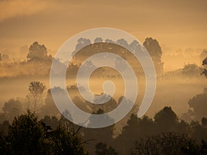 Amazing Sunrise Over Misty Landscape. Scenic View Of Foggy Morning Sky With Rising Sun Above Misty