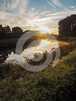 Amazing sunrise over the river Dyle in Mechelen, Belgium