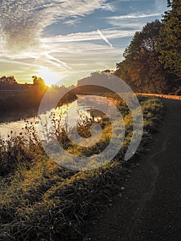 Amazing sunrise over the river Dyle in Mechelen, Belgium