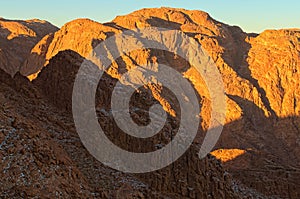 Amazing Sunrise at Sinai Mountain Mount Horeb, Gabal Musa, Moses Mount. Beautiful view from the mountain photo