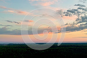 Amazing Sunrise Sunset Over Misty Landscape. Scenic View Of Foggy Morning Sky With Rising Sun Above Misty Forest. Early