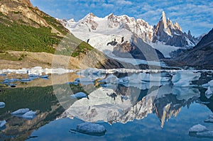 Amazing sunrise view of Cerro Torre mountain by the lake. Los Glaciares National park