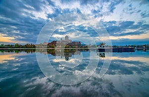 Amazing sunrise view over Danube river, beautiful reflections of morning clouds mirrored in water, Esztergom, Hungary