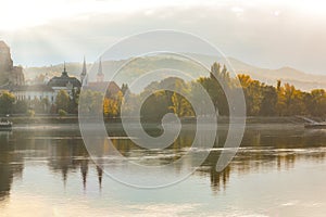 Amazing sunrise view over Danube river, Esztergom, Hungary