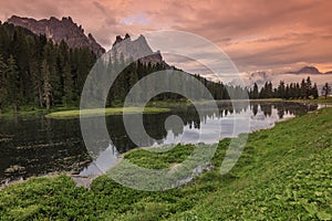 Amazing sunset and alpine lake in Dolomiti mountains,Lago di Ant