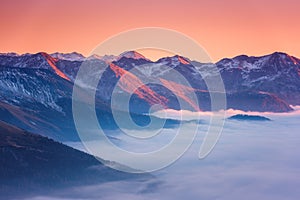 Beautiful mountain winter sunset landscape with panoramic view, Alps, Hohe Tauern national park, Austria