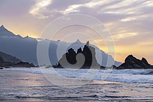 Amazing sunset with beautiful ethereal colors over the secluded beach known as Benijo or Playa de Benijo, Tenerife