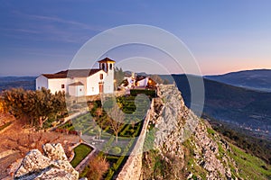 Amazing sunset at Castle Marvao, a small picturesque village in the Alentejo, Portugal. Panoramic view landscape. This landmark is