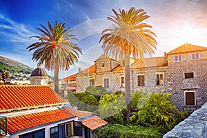 Amazing sunset in Dubrovnik Old Town roofs and blue sky. Europe, Croatia