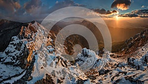 Amazing sunset landscape, mountain winter landscape. Hiking in slovakia moutains.