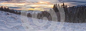 Amazing sunset mountain panoramic view, nature winter landscape with fir trees, snow, and colorful sky with clouds, outdoor travel