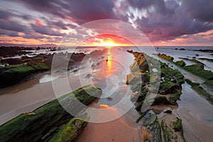 Amazing sunset over barrika beach Biscay, Basque Country scenary of Game of Thrones