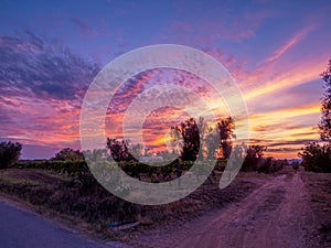 Amazing sunset over countryside landscape