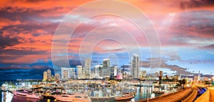 Amazing sunset over Downtown Miami. Panoramic view from Port Boulevard