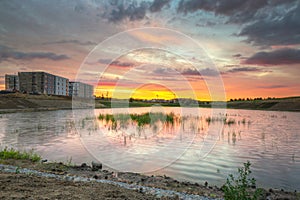 Amazing sunset over the pond