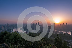 Amazing Sunset over Skyscrapers of Chongqing City