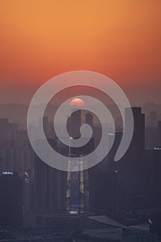 Amazing Sunset over Skyscrapers of Chongqing City photo