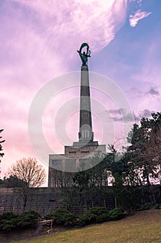 Amazing sunset over the Slavin memorial in Bratislava,  Slovakia, reminiscent of soviet soldiers