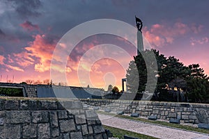 Amazing sunset over the Slavin memorial in Bratislava,  Slovakia, reminiscent of soviet soldiers