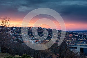 Amazing sunset over the suburbs and the hills of Bratislava,  Slovakia