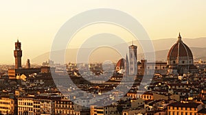 Amazing sunset panorama of Florence with Palazzo Vecchio palace and Cathedral of Saint Mary of the Flower