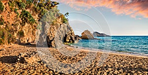 Amazing sunset on Platis Gialos Beach. Exciting spring seascape of Ionian Sea. Marvelous outdoor scene of Kefalonia island,