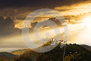 Amazing sunset at Rasnov medieval citadel in Transylvania