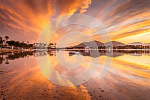 Amazing sunset and reflections at Puerto Alcudia, Mallorca
