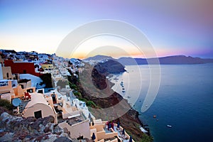 Amazing Sunset in Santorini Island, Greece. Oia, Sea and Sky