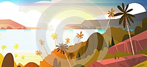 Amazing Sunset On Seaside Horizontal Banner, Tropical Landscape Summer Beach With Palm Tree Exotic Resort Poster