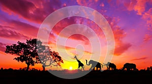 Amazing sunset and sunrise.Panorama silhouette tree on africa.Dark tree on open field dramatic sunrise.Safari theme.