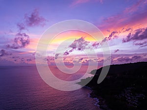 Amazing sunset or sunrise sky over sea landscape,Beautiful colorful light of nature seascape background,Drone aerial view ocean