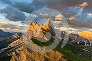 Amazing sunset view of Odle Mountain in Dolomites, Italy