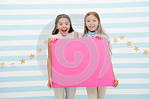 Amazing surprising news. Girl hold announcement banner. Girls kids holding paper banner for announcement. Children happy